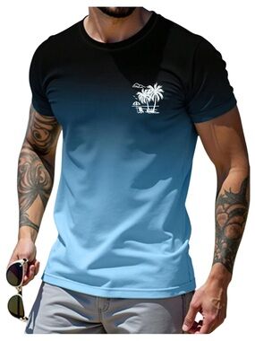 Men's Blue Ombre Palm Graphic Crew Neck Tee